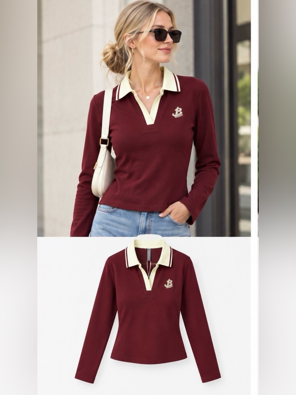 Women’s Burgundy Long-Sleeve Polo Top with Cream Trim